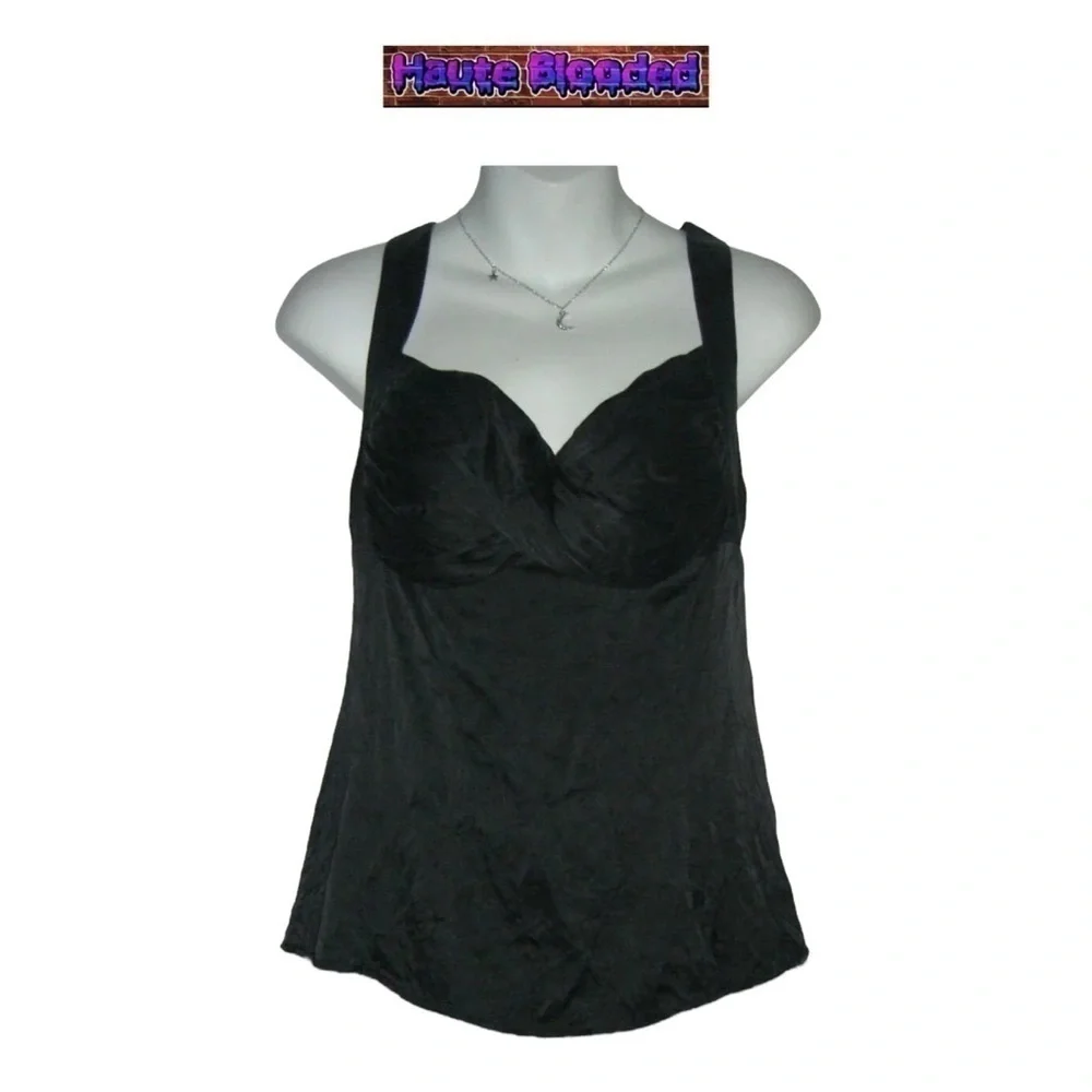 y2k bebe Black Crepe Silk Tank Top Sexy Cami Silver Ring Crinkle 00's 90's Club - Picture 1 of 10